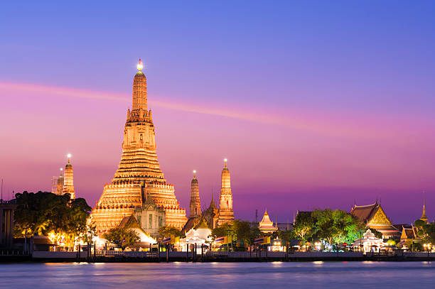 Đền chùa Bangkok lên đèn lúc hoàng hôn